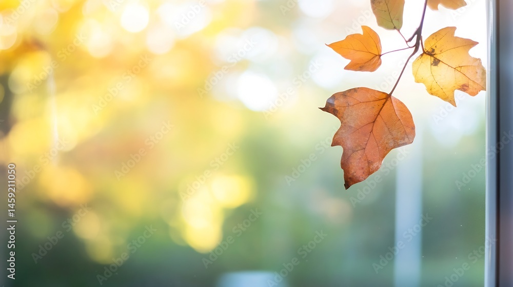 Poster autumn leaves clinging to a branch, viewed through a window pane, showcasing a blurred background of