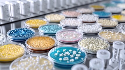 Diverse bacterial cultures in petri dishes showcase a scientific laboratory environment.