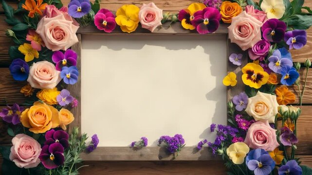 Summer flowers framed on a rustic wood background.