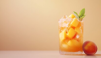 Peach iced tea drink with mint.  Icy cubes, peach slices, and mint garnish in a glass