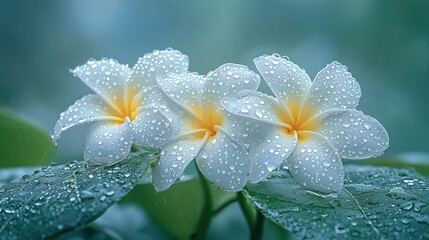 Fototapeta premium Delicate white plumeria flowers with water droplets
