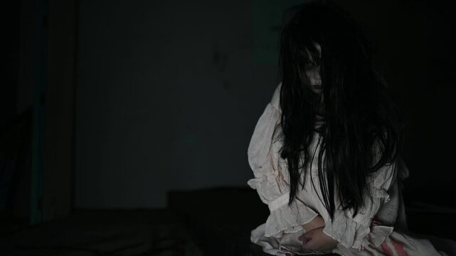 Portrait of asian woman make up ghost,Scary horror scene for background,Halloween festival concept,Ghost movies poster