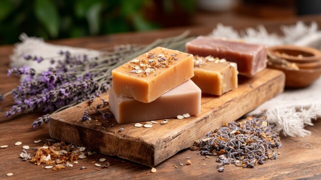 Close-up view of handcrafted oatmeal soap bars on a rustic wooden board, surrounded by dried lavender. Perfect for natural skincare and wellness themes