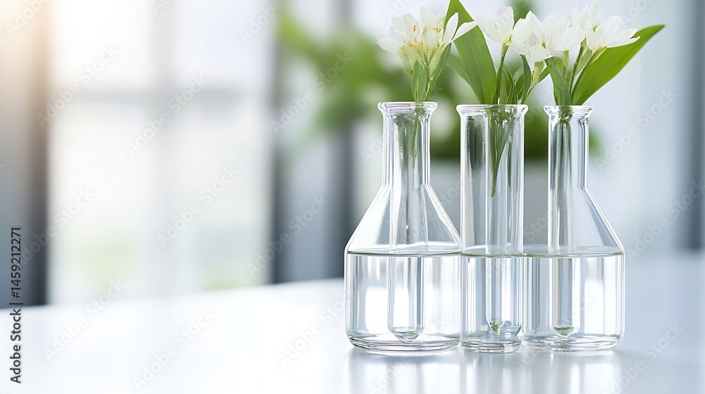 Aufkleber three glass laboratory flasks containing water and delicate white flowers, sitting on a bright, clea