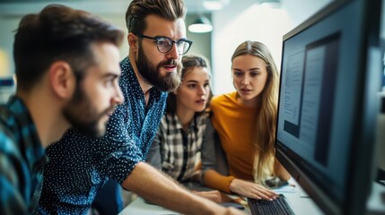 Concentrated team collaborating on a project display in collaborative workspace