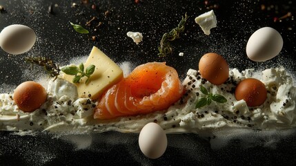 An artistic food arrangement displays salmon, eggs, cheese, and herbs, offering a gourmet presentation.