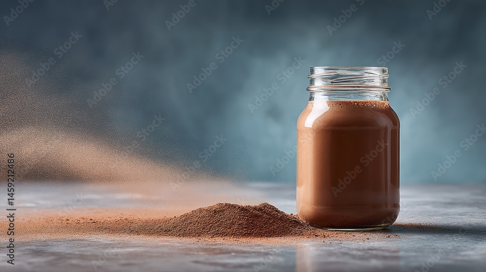 Poster thick chocolate blend fills a clear glass jar placed on a marble counter, with cocoa dust scattered 