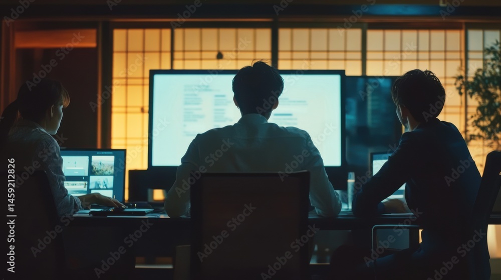 Poster collaborative effort: team of experts in a modern office working on data analysis