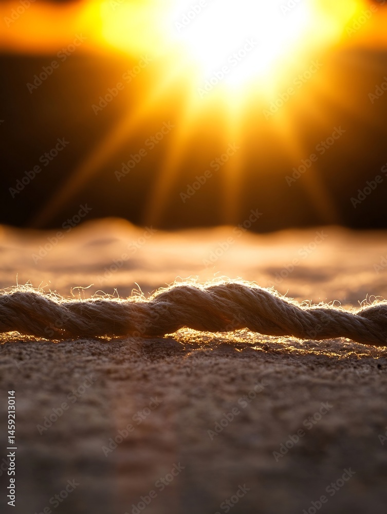 Poster close-up of a thick rope resting on textured ground, bathed in the warm golden light of a setting su