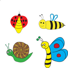 Cute Cartoon Insects Collection for Kids. Colorful cartoon illustrations of four insects: a ladybug, a green snail with a spiral brown shell, a butterfly with blue and red wings, and a black bee.