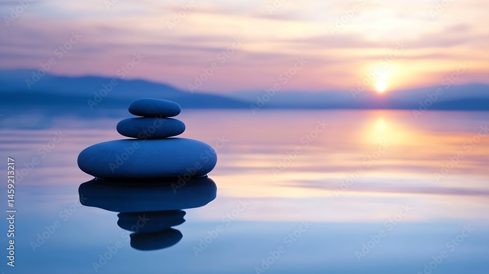 Aufkleber serene sunset landscape featuring a balanced stack of three grey stones floating gently on calm wate