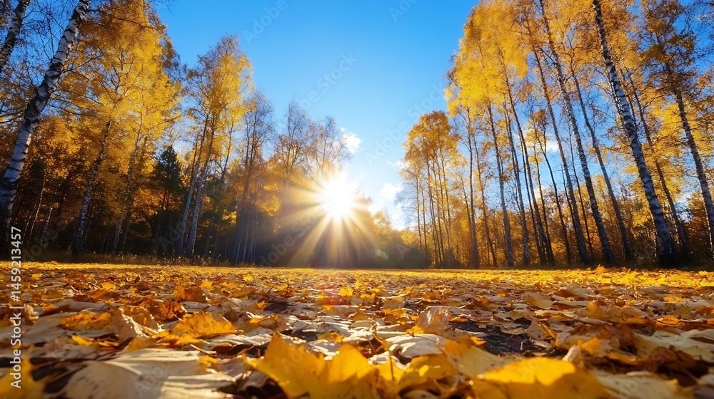 Poster sunlit autumn forest path covered in golden leaves, birch trees with bright yellow foliage under a c