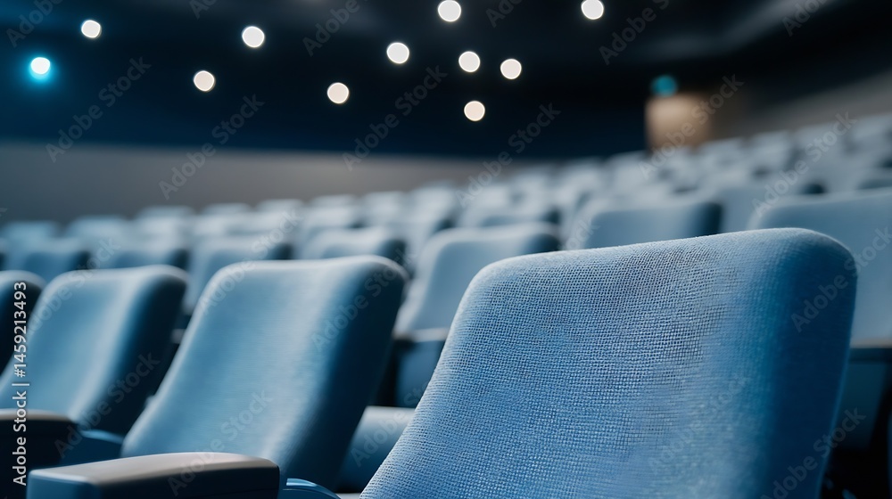 Poster Close-up view of empty blue seats in a modern movie theater, illuminated by soft overhead lighting, creating a calm and quiet atmosphere. : Generative AI