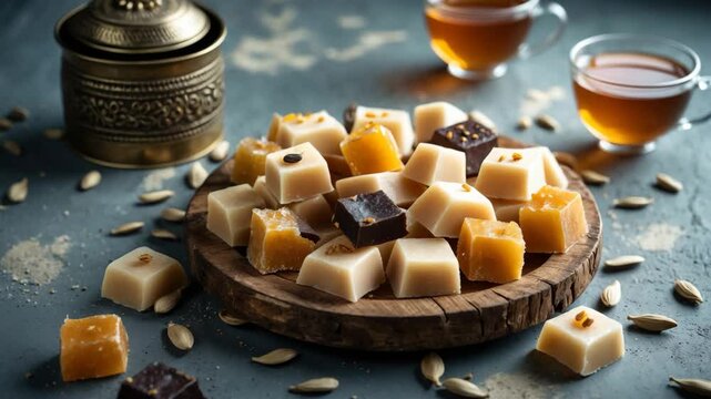 Bowl of flavorful halva bits set on a distressed surface