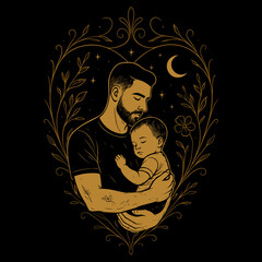 Vater hält Baby im Arm. Emotionale Vektorgrafik mit floralem, ornamentalen Rahmen. Modernes, symbolisches Design ideal für Vatertagsprojekte, Familienillustrationen oder Geschenkideen für Papas.