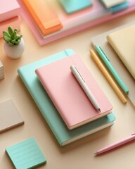 Pastel-themed minimalist back-to-school stationery flat lay soft pink, mint, and beige notebooks, pens, sticky notes arranged with clean spacing on beige background, subtle shadows