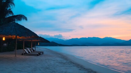 Fototapeta premium Tranquil tropical beach at sunset with a serene atmosphere