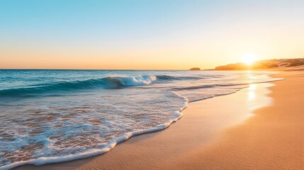 Obraz premium Tranquil beach scene with golden sunset over the ocean