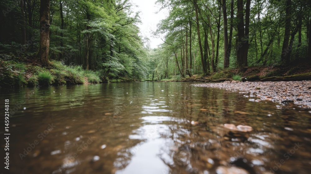 Aufkleber a tranquil lake surface mirrors vibrant greenery and soft light filtering through trees, showcasing 
