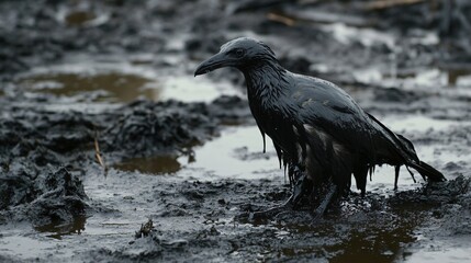 Environmental crisis blackened bird polluted marshland wildlife photography natural habitat close-up conservation awareness