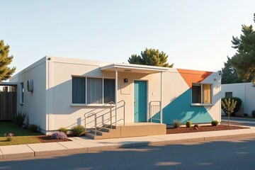 Community-Based Modular Health Clinic with Sleek Exterior, Wheelchair Ramp Access, and Practical Design for Local Medical Services
