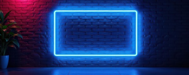 Blue neon frame on brick wall, live podcast broadcast , texture, podcast, element