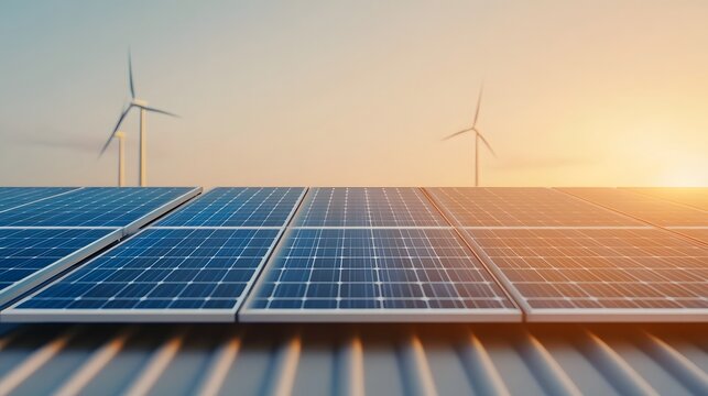 Solar panels and wind turbines on a renewable energy farm at sunset