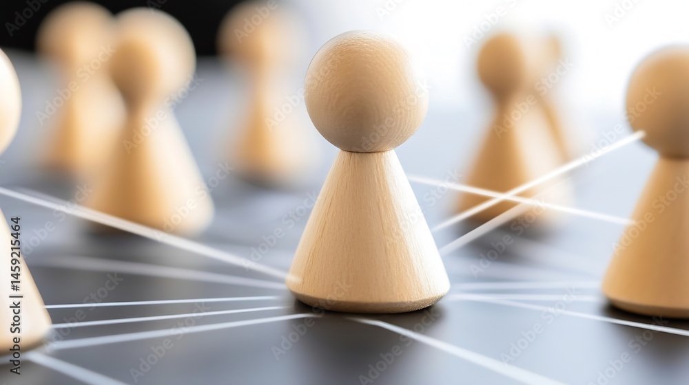 Fototapete Wooden figures interconnected by thin white strings, representing a network or collaboration; a conceptual image of teamwork and communication. : Generative AI