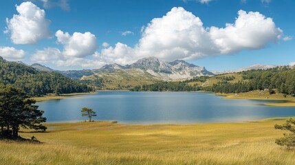 Fototapeta premium Mountain Lake in a Field Under a Cloudy Sky