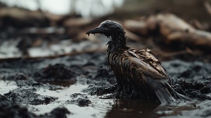 Environmental crisis oil-soaked bird struggles in polluted marshland nature photography gloomy atmosphere close-up shot