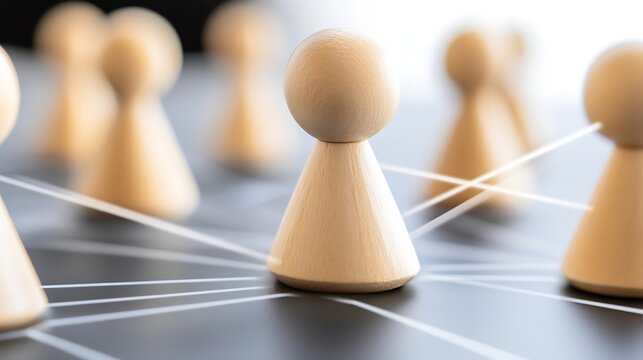 Wooden figures interconnected by thin white strings, representing a network or collaboration; a conceptual image of teamwork and communication. : Generative AI