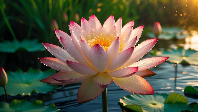 Pink lotus flower in pond with water droplets