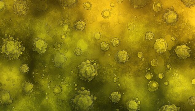 Abstract illustration of microscopic, golden-yellow cells or organisms scattered across a backdrop of blurred, muted greens and yellows.  Clusters and single units are visible