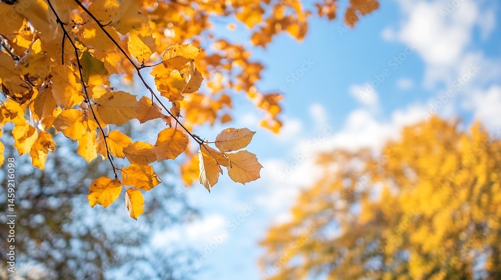 Poster close-up of golden autumn leaves on a branch against a blurred background of blue sky and more yello