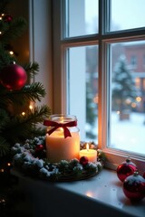 Christmas wreath & candle in glass jar on snowy windowsill, window, glow, blank space