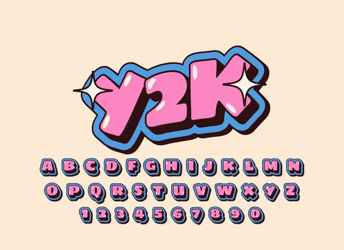 Pink bold cartoon text effect. Sticker slogan y2k. Editable alphabet
