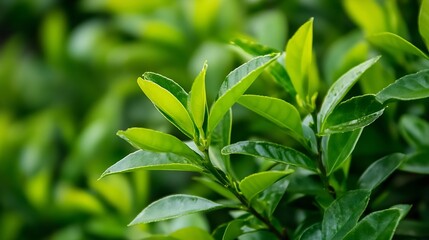Obraz premium Close-up view of vibrant green tea leaves, showcasing their lush texture and delicate details, perfect for illustrating concepts of nature, freshness, and healthy living. : Generative AI