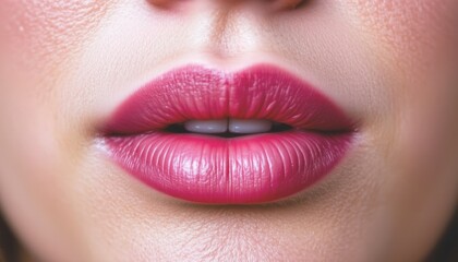 Fototapeta premium Close-up of glossy pink lips with subtle texture and shine.