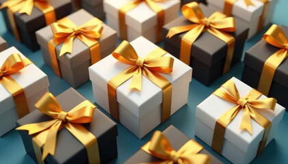 Elegant gold ribbon tied gift boxes, repeating pattern, textile, image