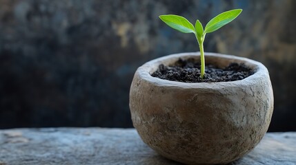 A tiny sprout emerges from dark soil in a rustic, round stone pot, set against a blurred, textured background.  The delicate green leaves contrast beautifully with the earthy tones. : Generative AI