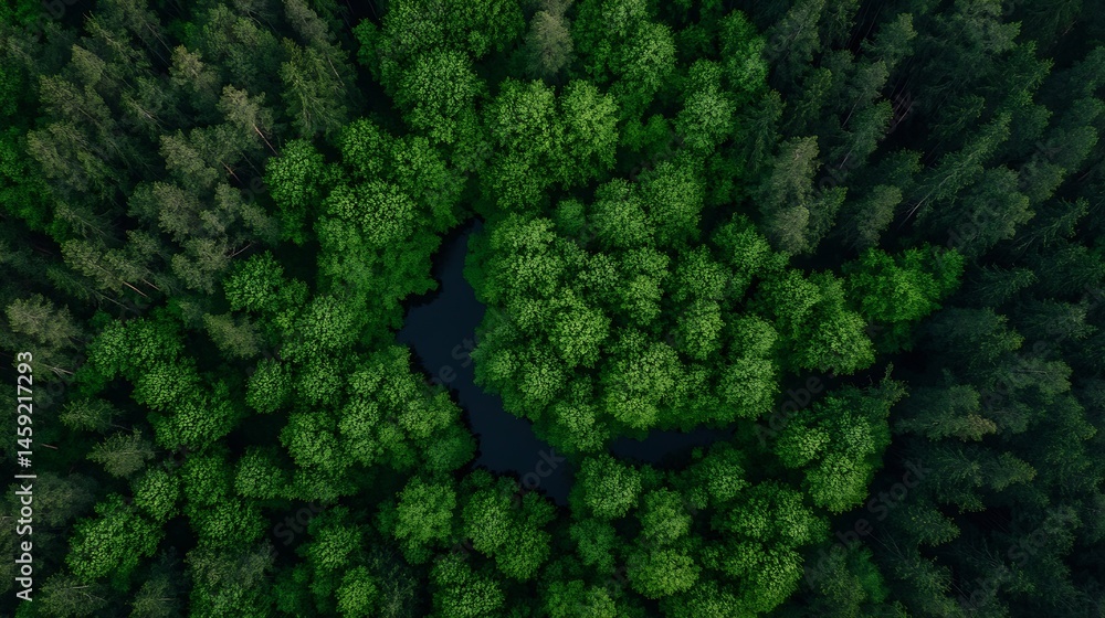 Poster aerial view of a lush green forest with a dark, winding river snaking through the dense canopy, crea
