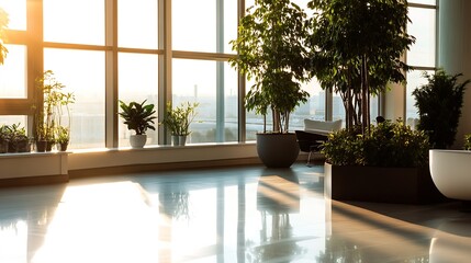 Fototapeta premium Sunlit modern office lobby with large windows, showcasing various potted plants, creating a serene and bright atmosphere. : Generative AI