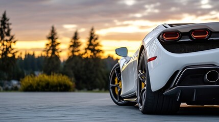 Rear view of a white supercar parked outdoors at sunset, showcasing its sleek design and powerful exhaust system. The car's yellow brake calipers are partially visible, adding a vibran : Generative AI