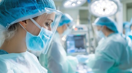 Focused surgeon in operating room, wearing protective mask, face shield, and surgical cap, during a medical procedure.  Other medical personnel are blurred in the background. : Generative AI