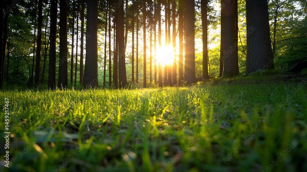 Fototapete Sunbeams illuminate a lush green meadow within a dense forest, creating a serene and tranquil atmosphere at sunset. : Generative AI