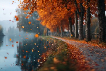 Peaceful riverside trail with autumn trees shedding leaves gently into the water reflections of orange foliage, calm atmosphere, soft falling leaves