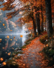 Fototapeta premium Peaceful riverside trail with autumn trees shedding leaves gently into the water reflections of orange foliage, calm atmosphere, soft falling leaves
