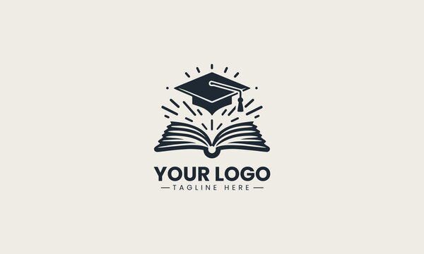 Simple vector logo of graduation cap on open book with five academic stars