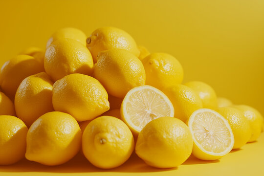 Many fresh ripe lemons as background. Healthy eating. Vitamins and antioxidant.