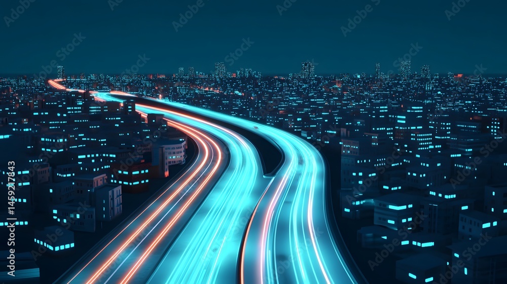 Poster glowing data streams flow through a futuristic cityscape